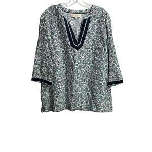 Jones New York Womens Blouse Size Large Floral Boho Linen V Neck 3/4 Sleeve